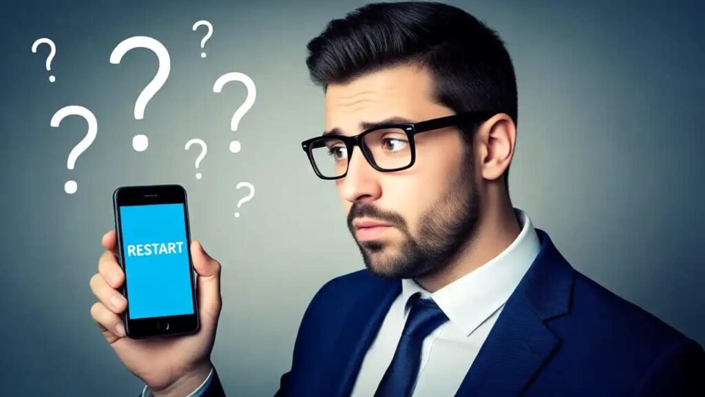 A man in a suit and glasses holds a smartphone displaying "RESTART" on the screen, looking confused with question marks around him.