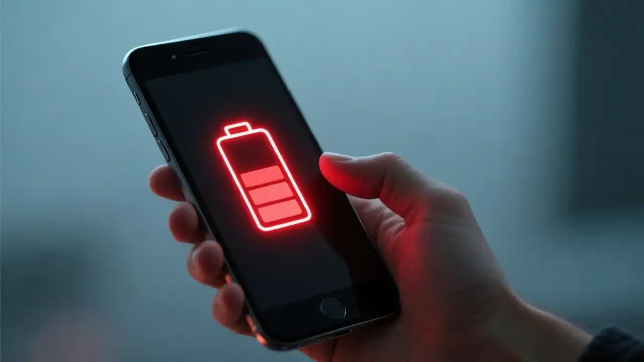 A hand holds a smartphone displaying a red battery icon, indicating low battery level against a soft-focus blue background.