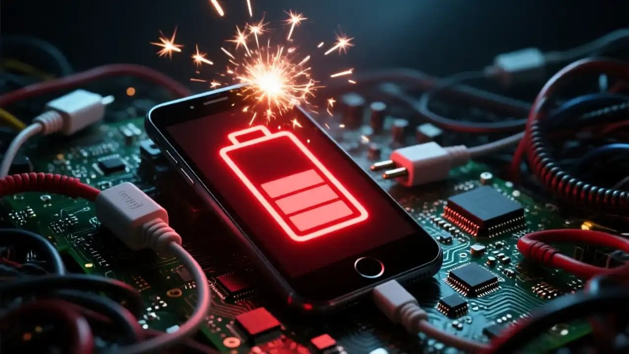 A smartphone displaying a red battery icon sparks amidst tangled cables and a circuit board background.