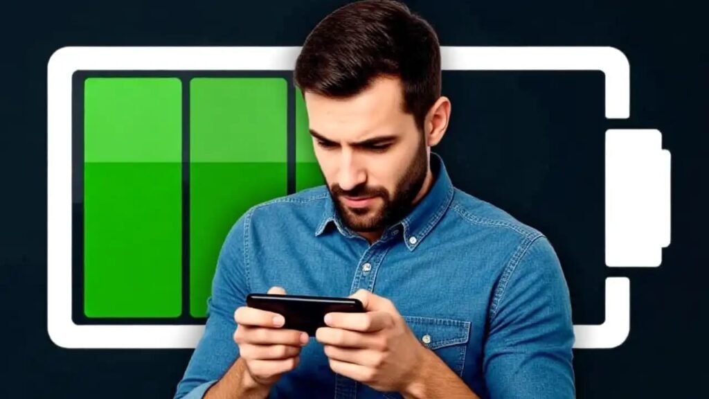 A person in a denim shirt holds a smartphone, with a green battery icon in the background, indicating a charged device.