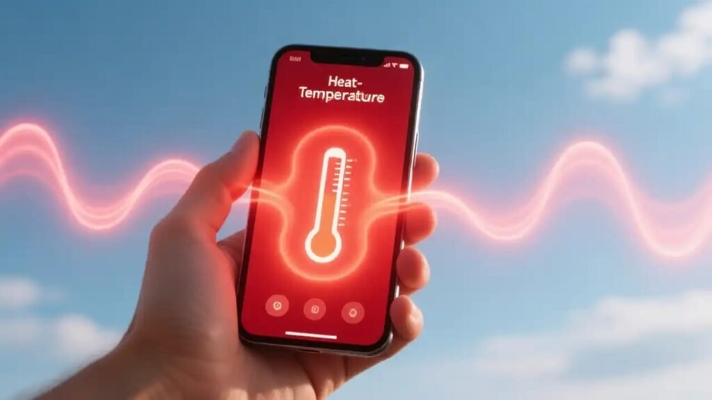 A hand holds a smartphone displaying a red screen with a thermometer icon labeled "Heat-Temperature." A wavy line symbolizes heat, set against a blue sky.
