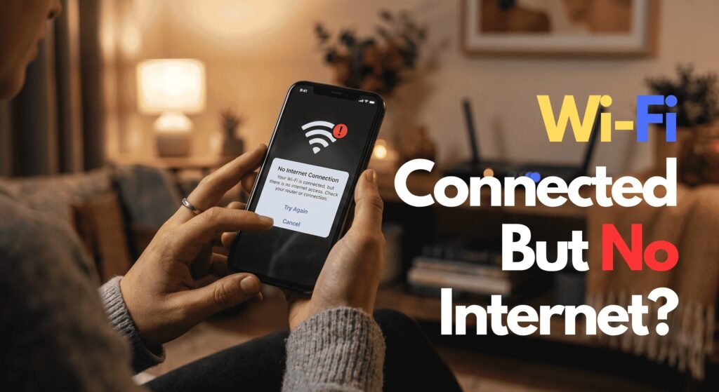 Smartphone showing full Wi-Fi Connected but no internet access, with a frustrated user.