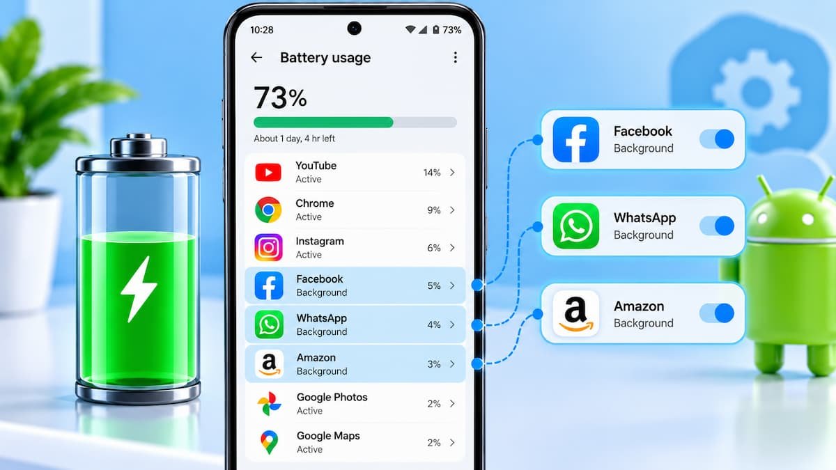 Android Settings में Battery Usage screen showing background apps जो mobile battery drain कर रही हैं