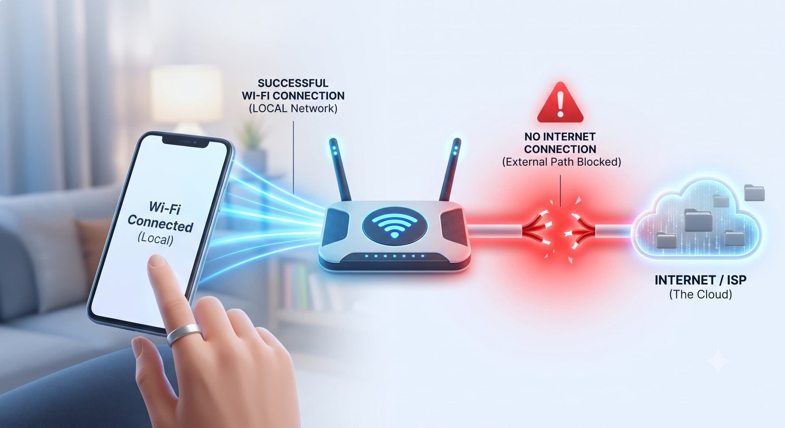Conceptual diagram showing a working connection between phone and router, but a broken connection between router and the internet.