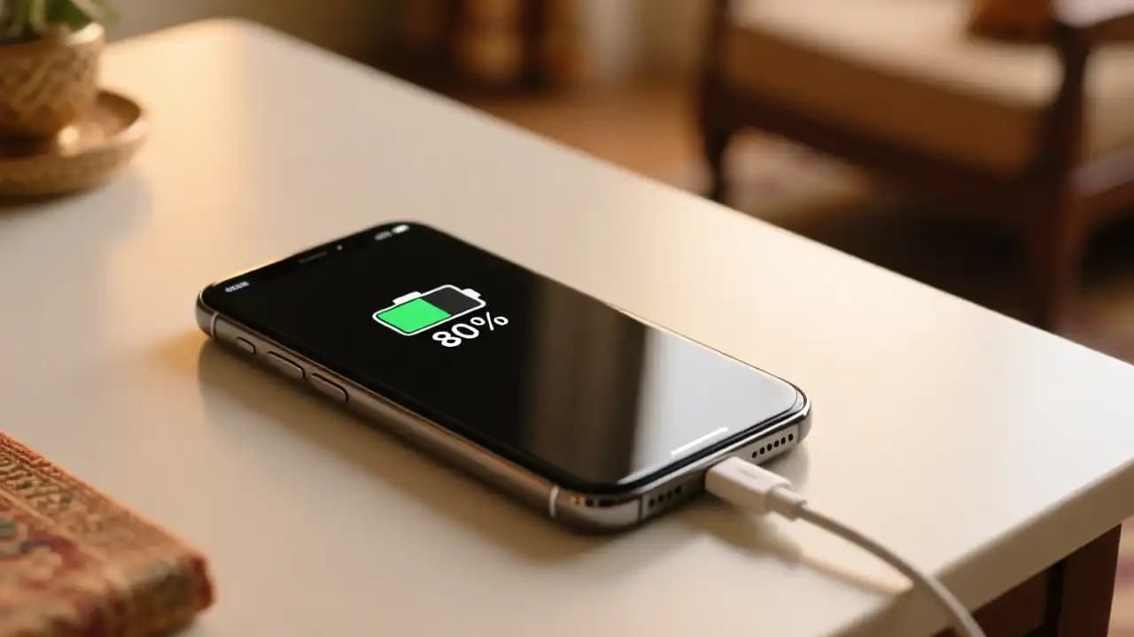 A smartphone charging on a table displays a battery icon showing 80% charged.