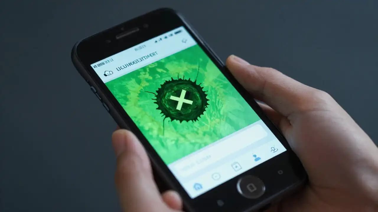 Close-up of hands holding a smartphone displaying a digital virus symbol with a large "X" on a green background, conveying a virus warning or alert.