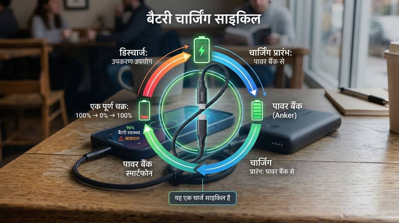 स्मार्टफोन बैटरी चार्जिंग साइकिल का डायग्राम और पावर बैंक से चार्ज करने की प्रक्रिया