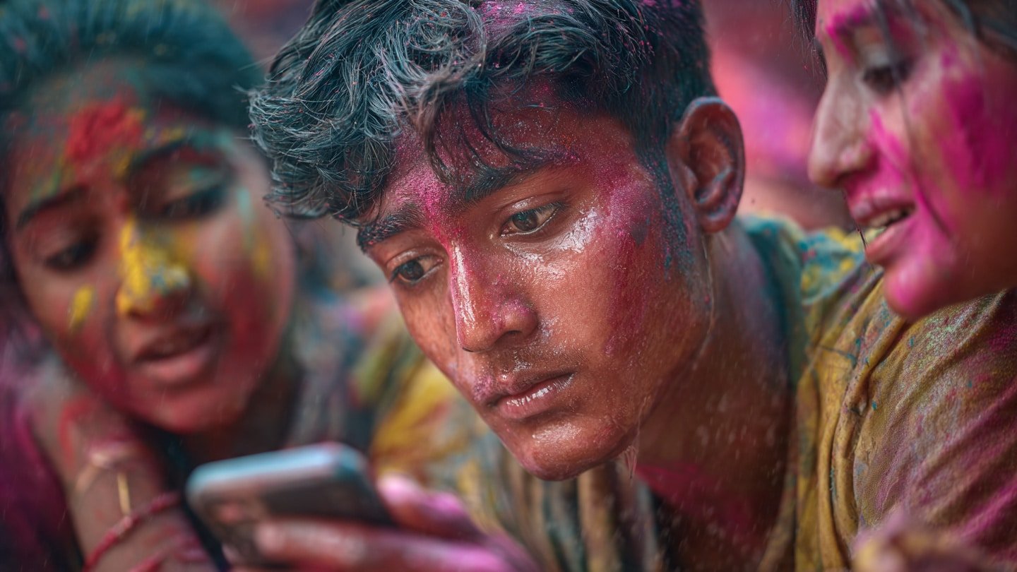 A modern Indian Holi celebration scene, young people playing with colors and water, one person holding a smartphone carefully