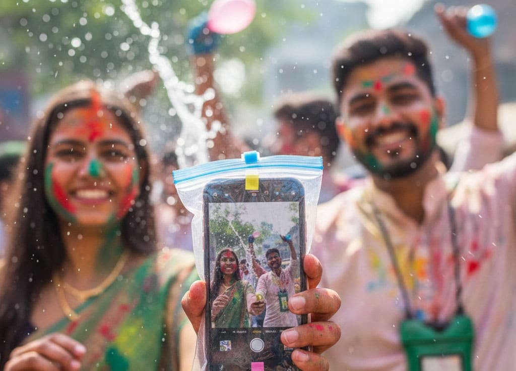 A man and a woman are showing off their Holi colour-stained cell phones, secured in pouches, and smiling happily at the camera.
