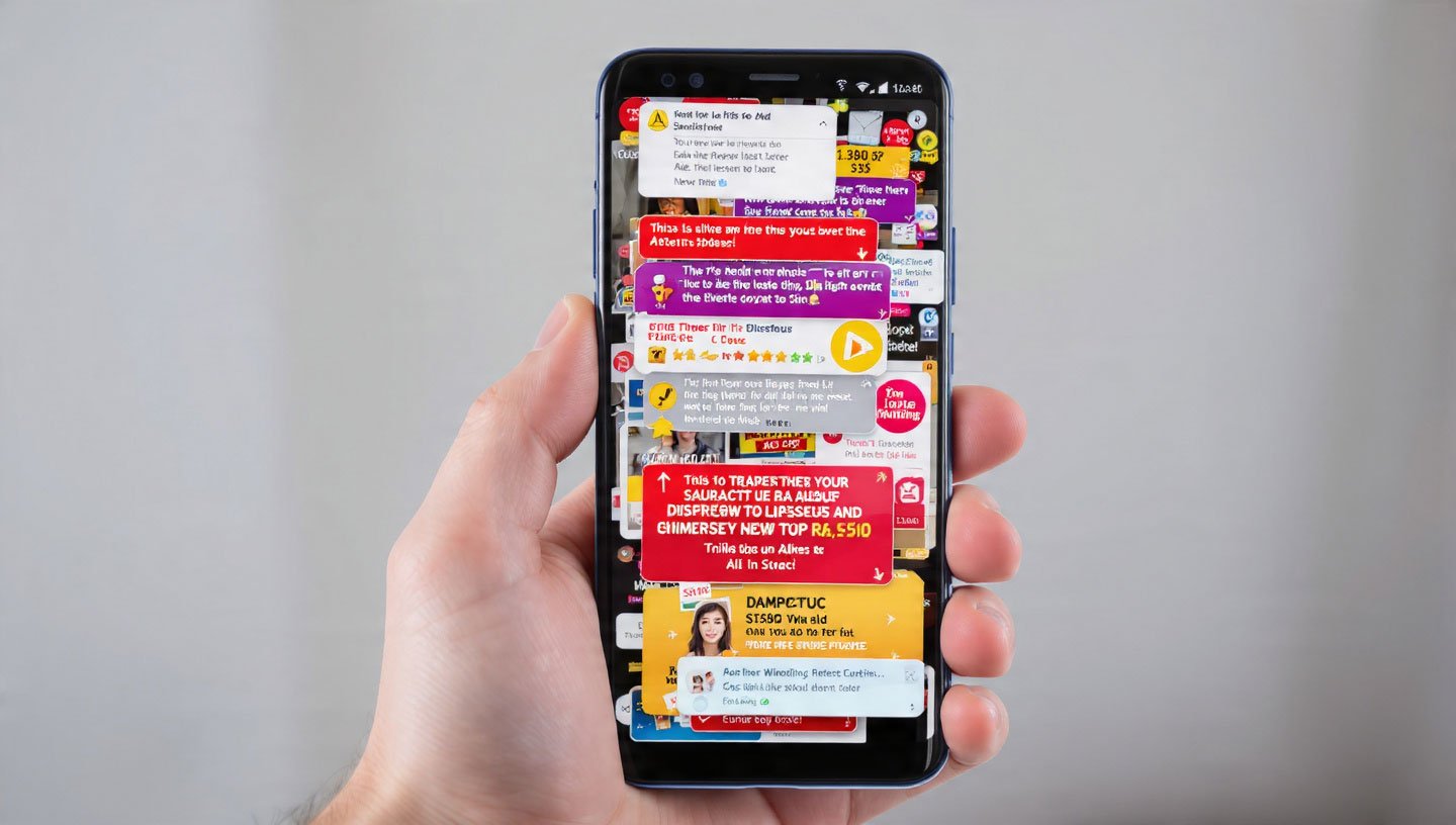 A hand holds a smartphone displaying numerous colourful pop-up ads, creating a cluttered screen. The ads convey a feeling of overwhelming chaos.