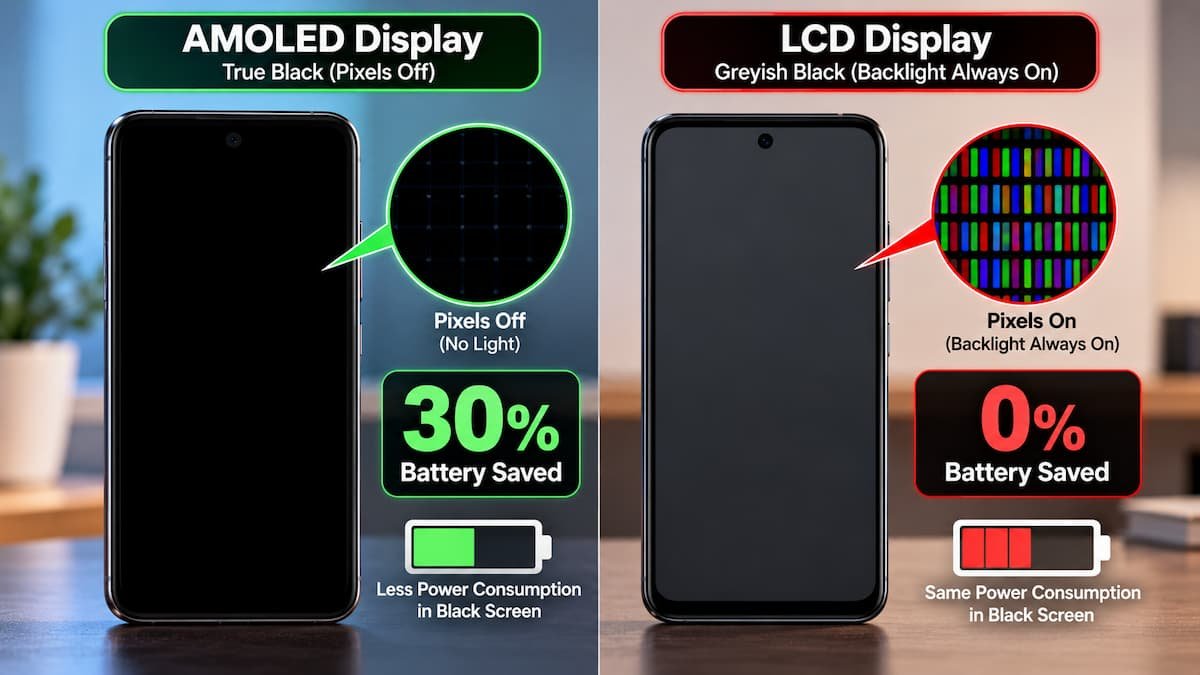 AMOLED और LCD display में Dark Mode का battery पर असर — comparison chart
