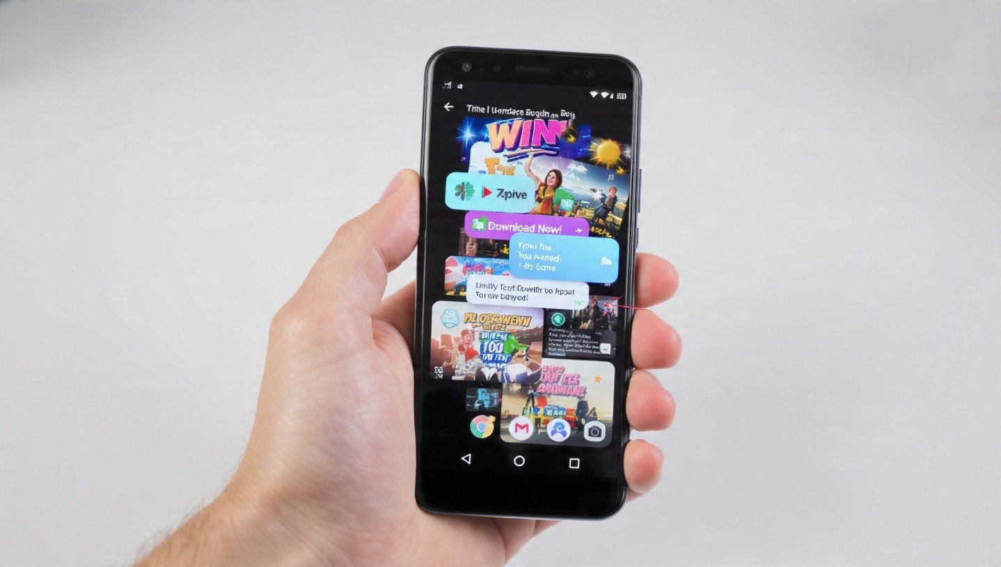 A hand holds a smartphone displaying a vibrant gaming app screen filled with colourful graphics and text. The background is plain white.