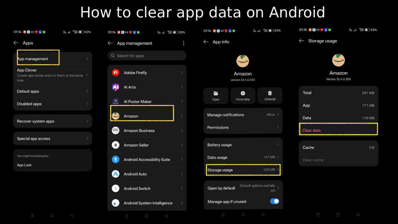 Four screenshots illustrate how to clear app data on Android, guiding you step-by-step through App management, selecting Amazon, then tapping Storage usage and Clear data.