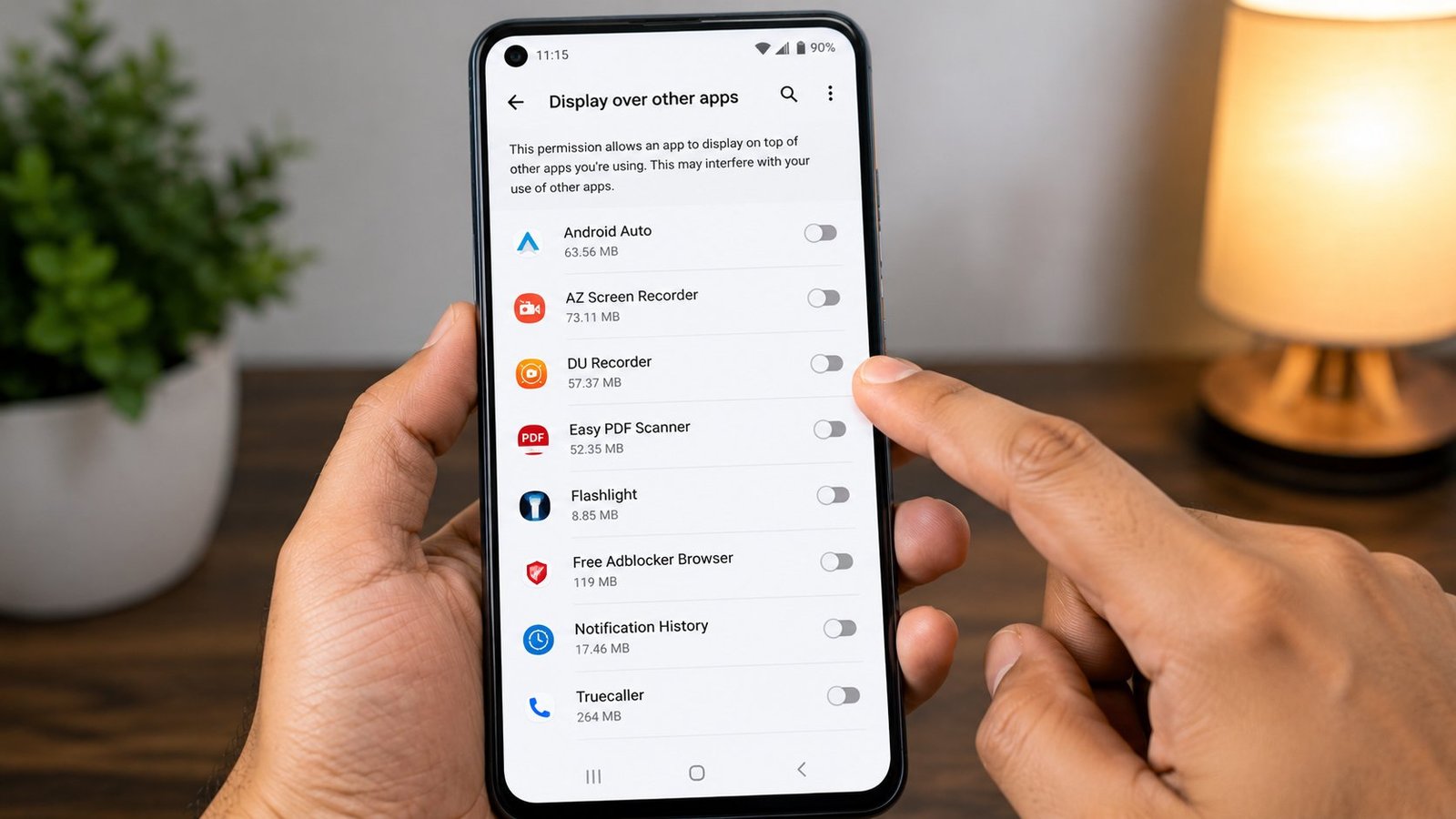 Display over other apps permission settings Android phone