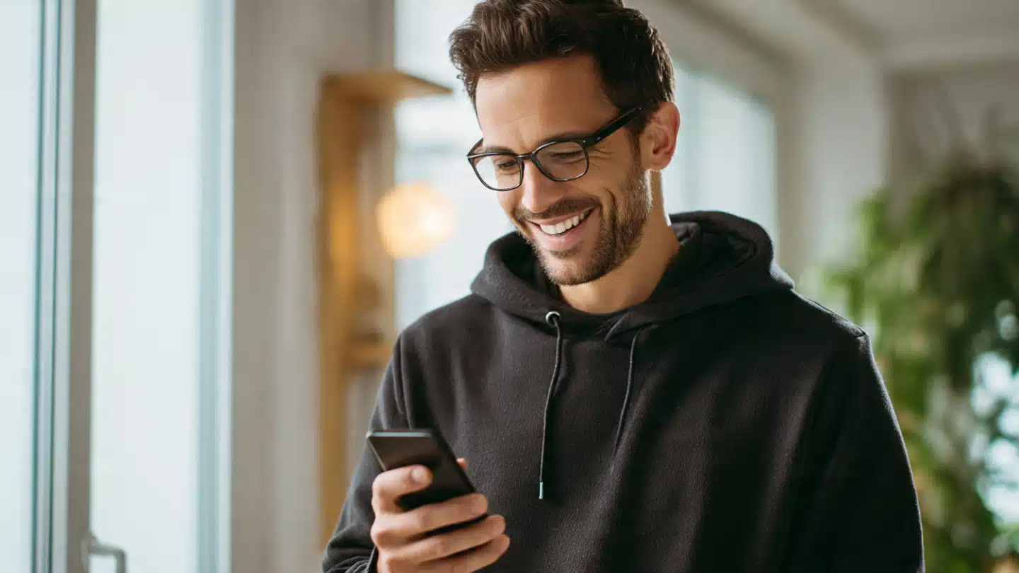Happy user smoothly using a fast Android smartphone.