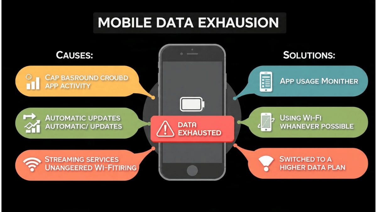 mobile data exhaustion infographic showing a phone with a “Data Exhausted” alert. Left lists causes; right suggests solutions like using Wi-Fi.