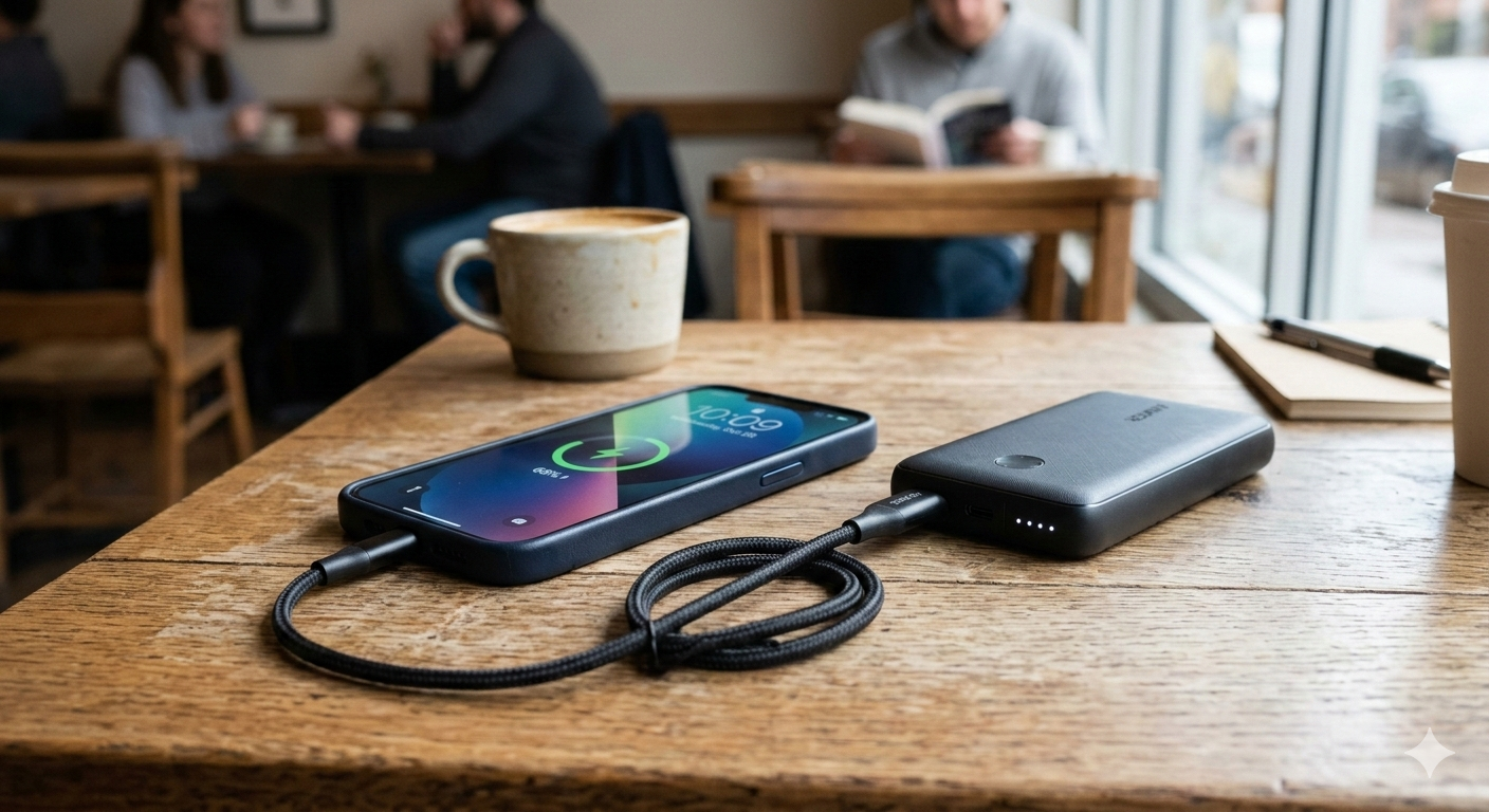 कैफे की टेबल पर पावर बैंक से कनेक्टेड स्मार्टफोन, पावर बैंक के उपयोग से जुड़ी सावधानियां