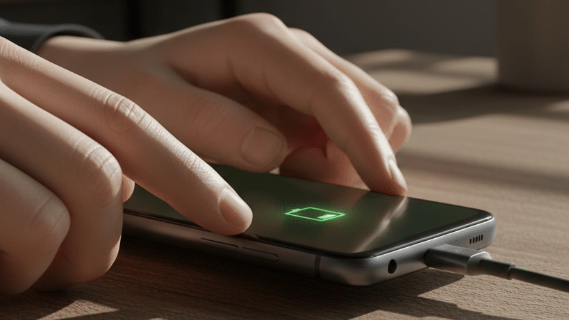 A person is connecting a phone to a charger, preparing to charge the device.