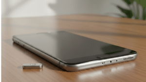 A silver mobile on a table beside a small silver device, with a note indicating the mobile power button is not working