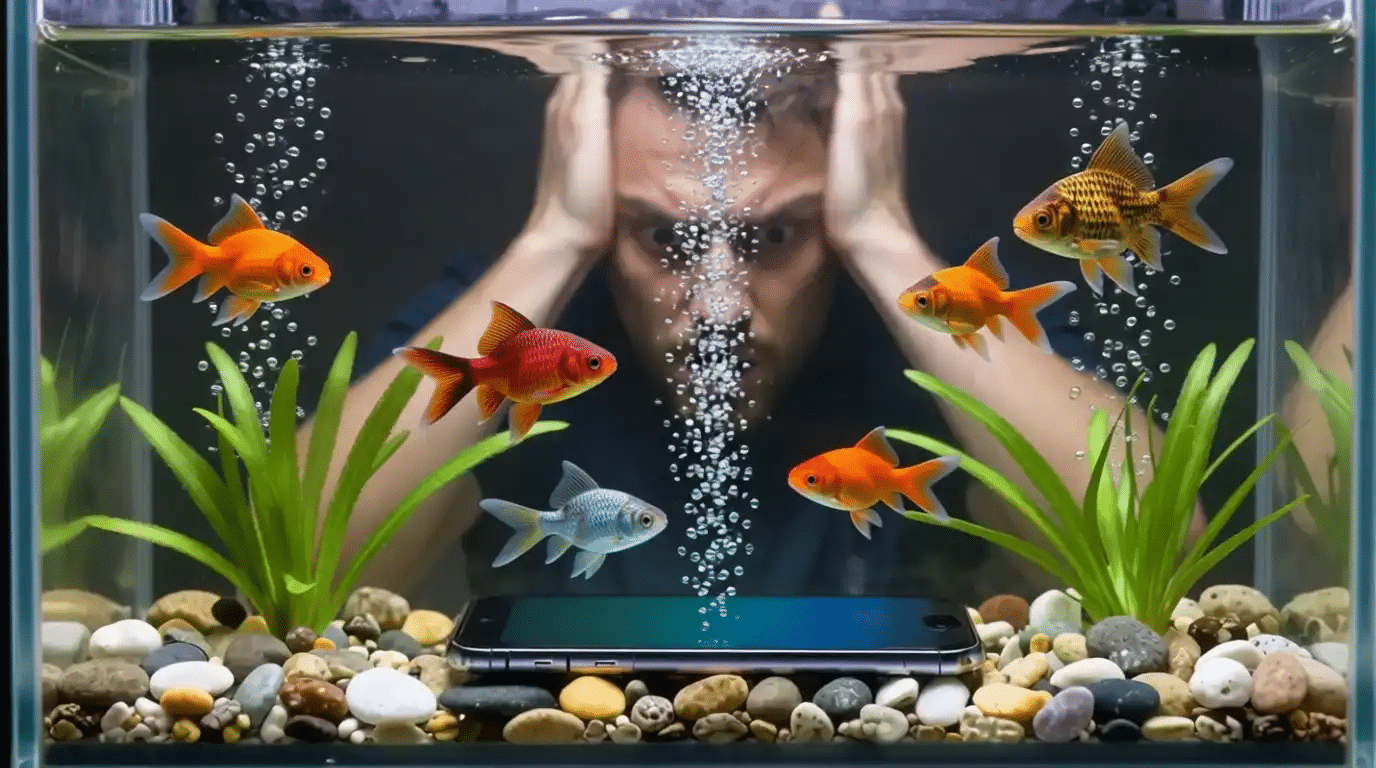 phone pani me gir jaye to kya karen, A man with hands on his head peers into an aquarium with colorful goldfish and a submerged smartphone. The scene conveys surprise and concern.