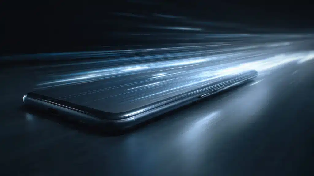 A smartphone with blue light streaks suggesting speed