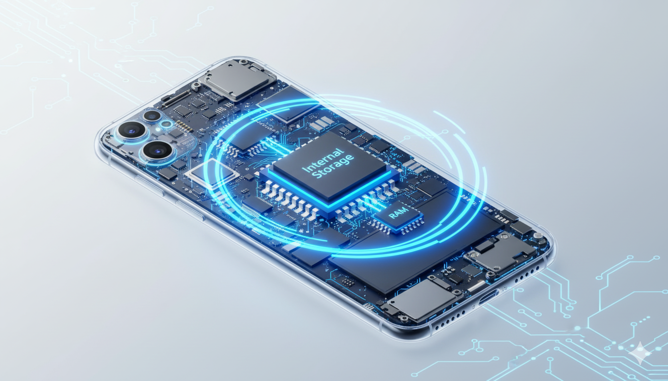 Mobile में Virtual RAM Transparent smartphone showing internal circuitry with highlighted "Internal Storage" and "RAM." Blue circuit patterns surround the components, emphasizing connectivity.
