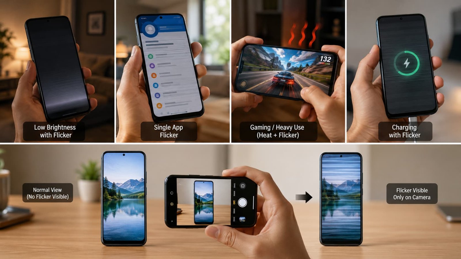 Phone screen flickering के अलग-अलग patterns और situations