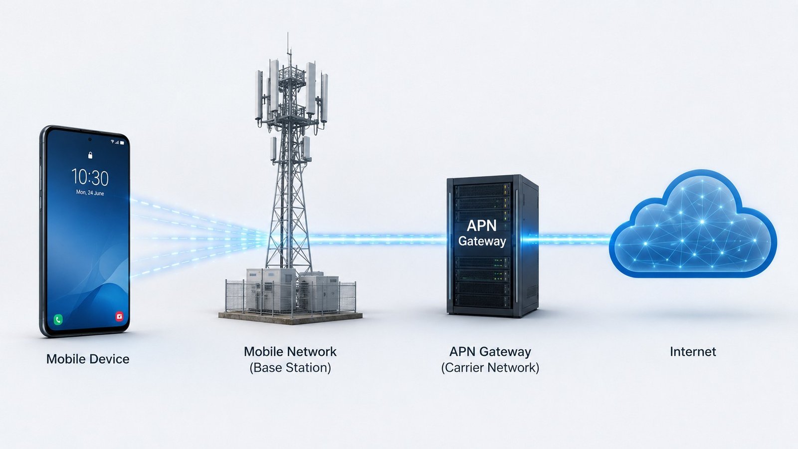 Illustration showing how APN connects smartphone to internet network