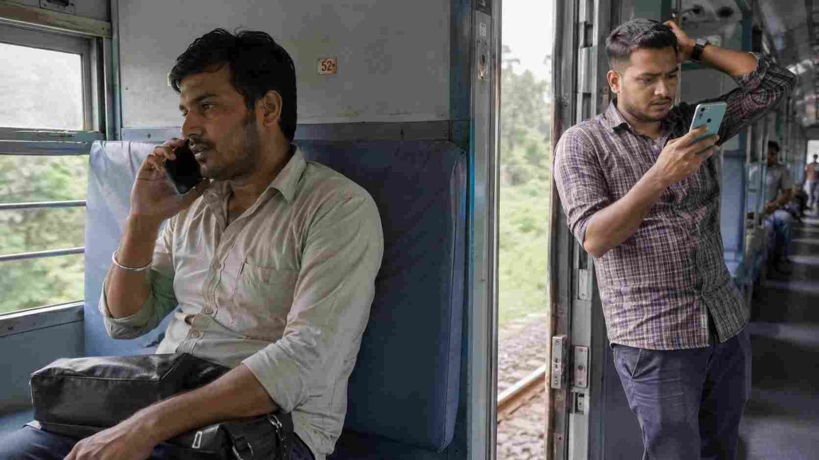 Person experiencing weak mobile signal inside train