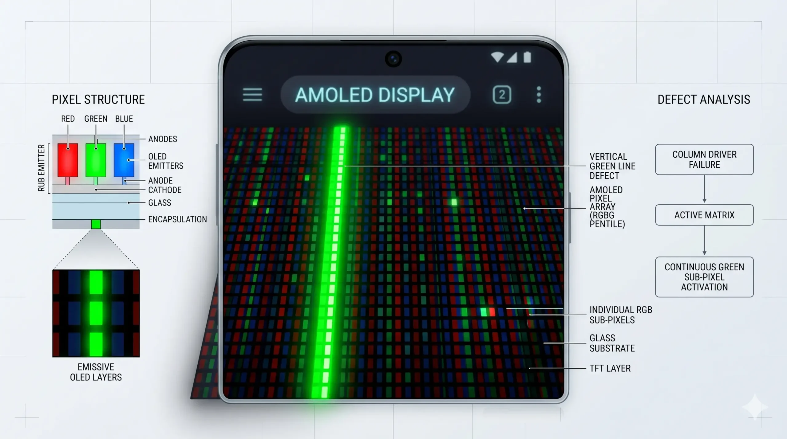 Close-up of an AMOLED phone display showing pixel structure, a vertical green line problem defect, and labeled diagram parts detailing RGB sub-pixels, glass substrate, OLED layers, and defect analysis.