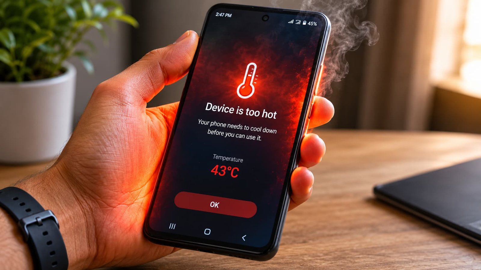 गर्म हो रहे स्मार्टफोन को हाथ में पकड़े हुए यूज़र Phone Heating Problem