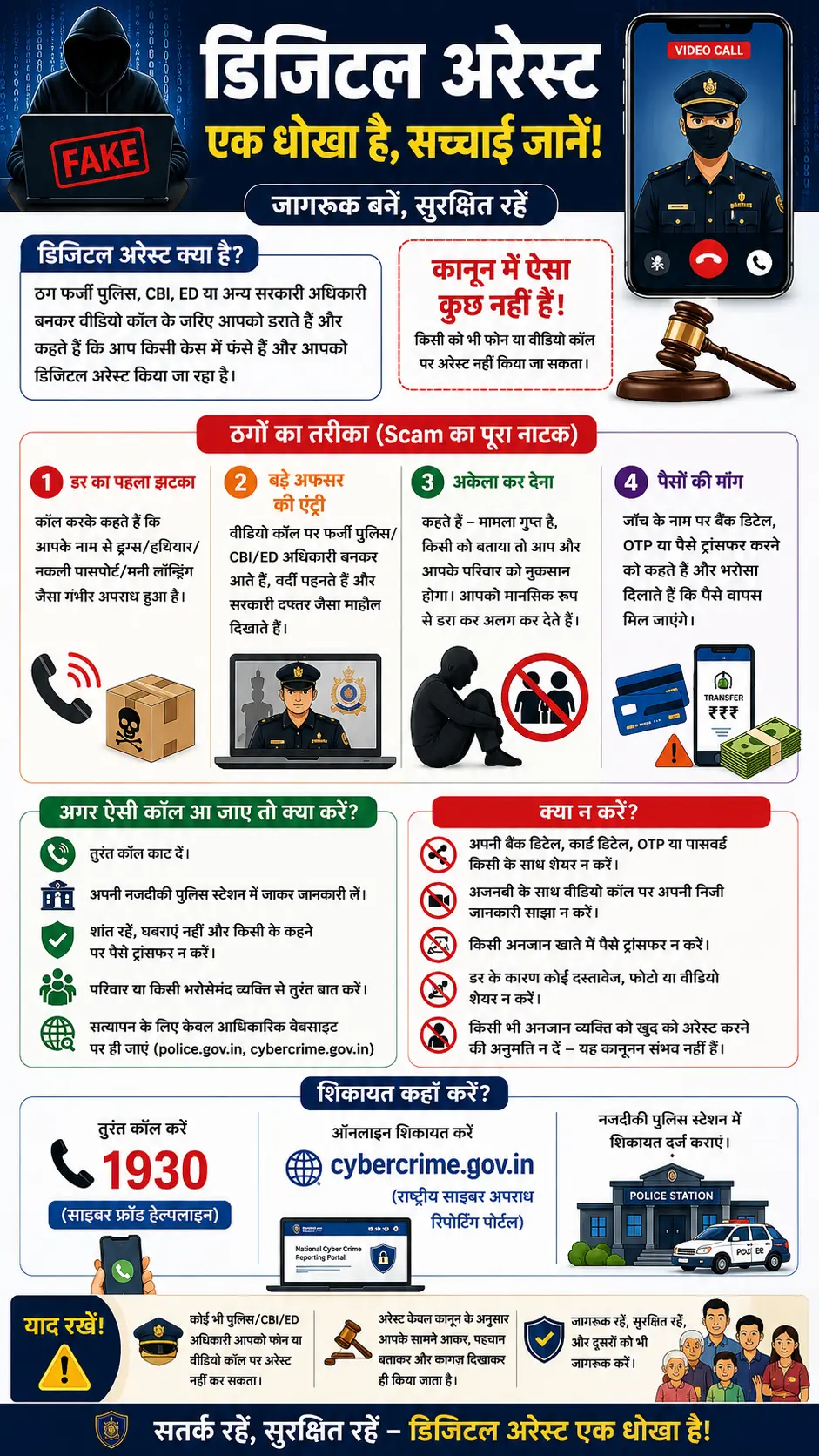 डिजिटल अरेस्ट स्कैम से बचाव की जानकारी देता हुआ हिंदी इन्फोग्राफिक, जिसमें फर्जी पुलिस वीडियो कॉल, ठगी के तरीके, बचाव के उपाय और साइबर हेल्पलाइन 1930 की जानकारी दिखाई गई है।