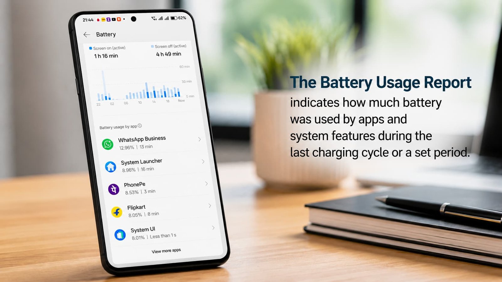 Modern Android smartphone displaying the battery usage report with app battery consumption.