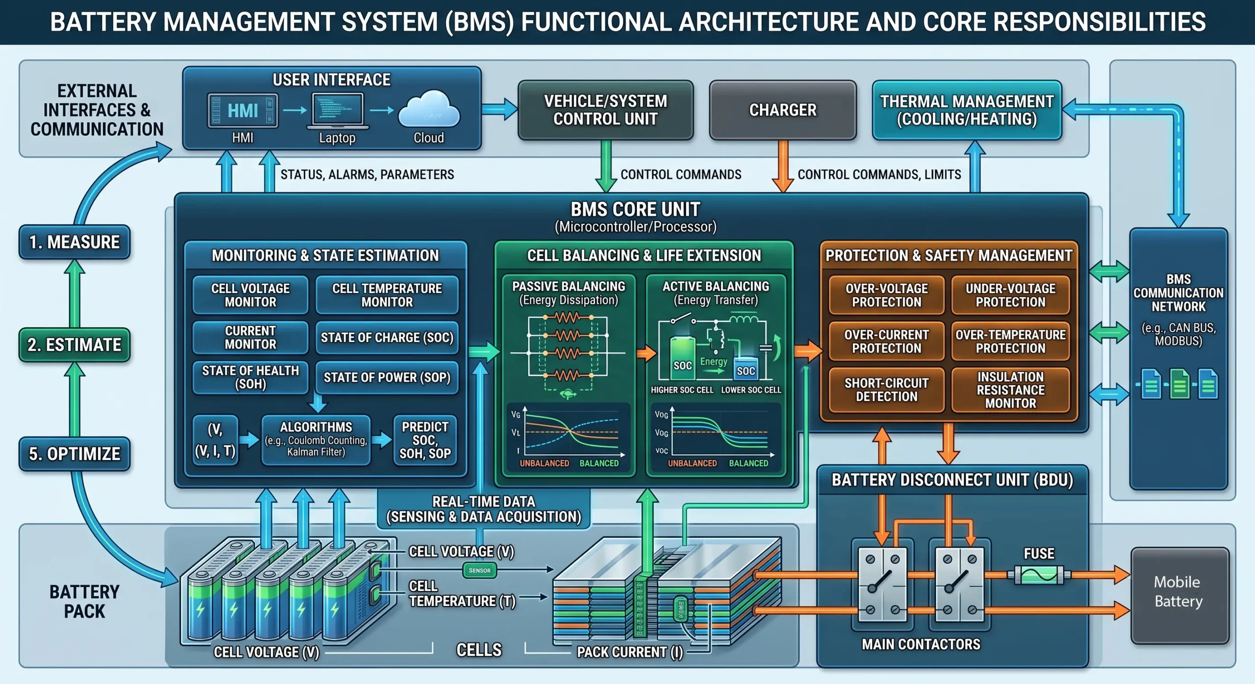 Battery Management System (BMS) architecture and its key functions.