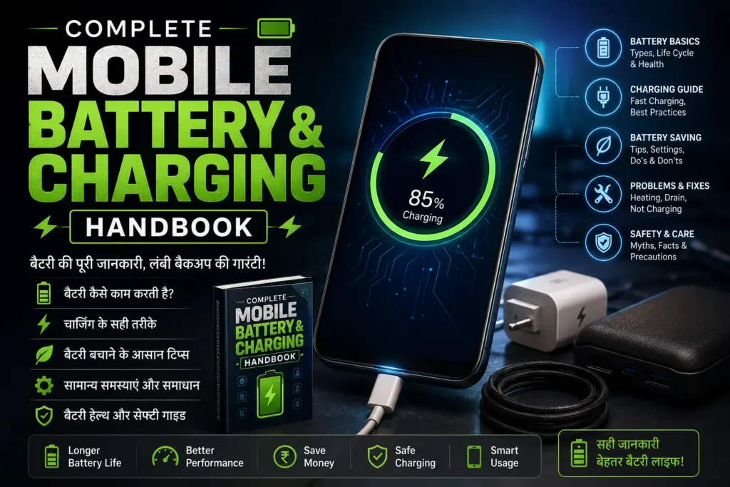 Mobile Battery & Charging guide with Android smartphone, charger, USB cable, and power bank.