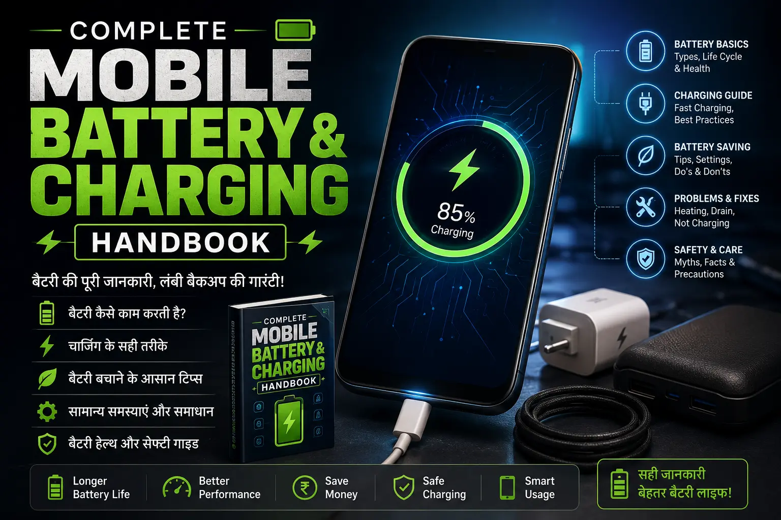 Mobile Battery & Charging guide with Android smartphone, charger, USB cable, and power bank.