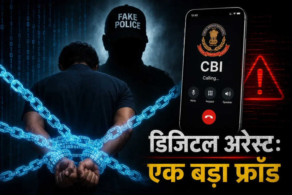 Digital Arrest फ्रॉड को दर्शाती हुई इमेज, जिसमें एक व्यक्ति के हाथ डिजिटल चेन से बंधे हैं, पीछे Fake Police की परछाई है और मोबाइल स्क्रीन पर CBI की फर्जी कॉल दिखाई गई है।