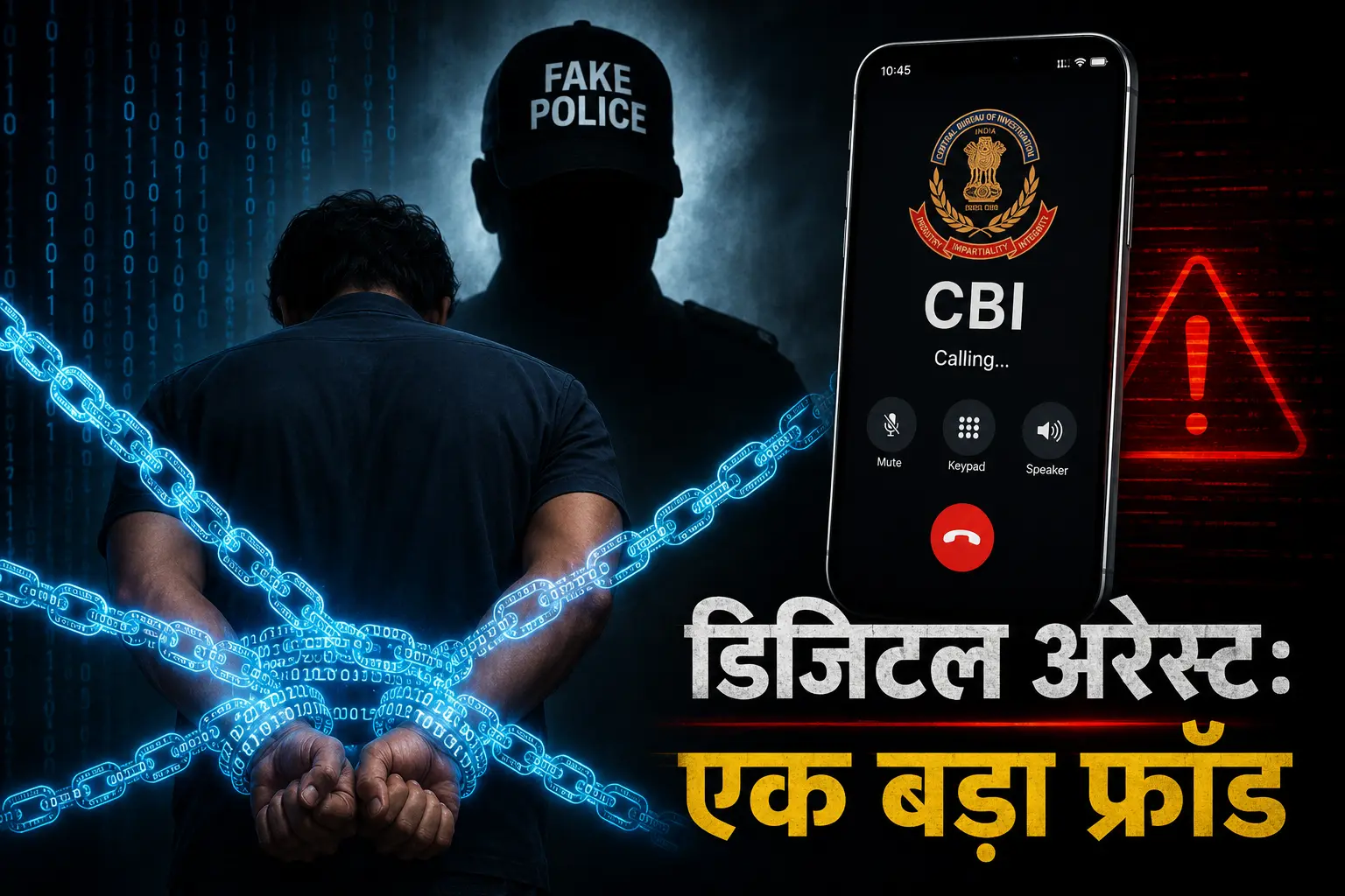 Digital Arrest फ्रॉड को दर्शाती हुई इमेज, जिसमें एक व्यक्ति के हाथ डिजिटल चेन से बंधे हैं, पीछे Fake Police की परछाई है और मोबाइल स्क्रीन पर CBI की फर्जी कॉल दिखाई गई है।