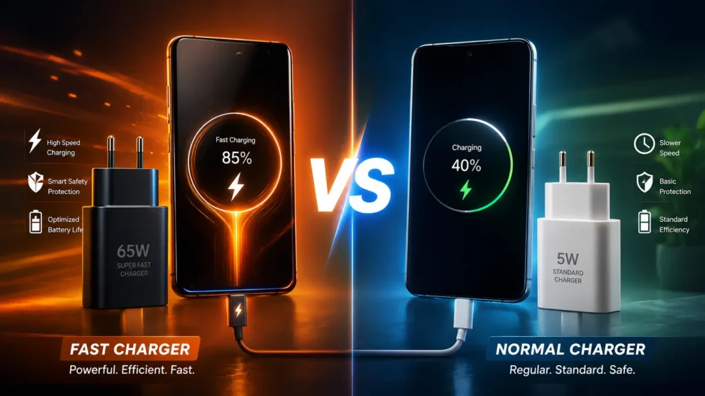 Fast Charger vs Normal Charger comparison showing a smartphone charging at 85% with a fast charger and another charging at 40% with a normal charger.