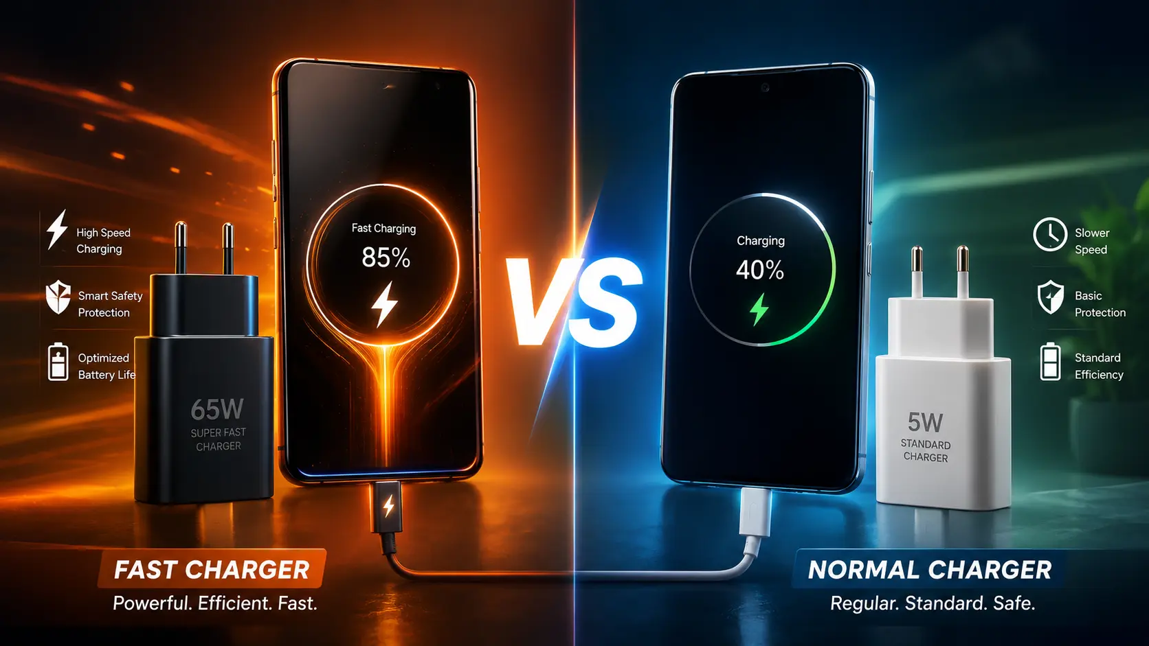 Fast Charger vs Normal Charger comparison showing a smartphone charging at 85% with a fast charger and another charging at 40% with a normal charger.