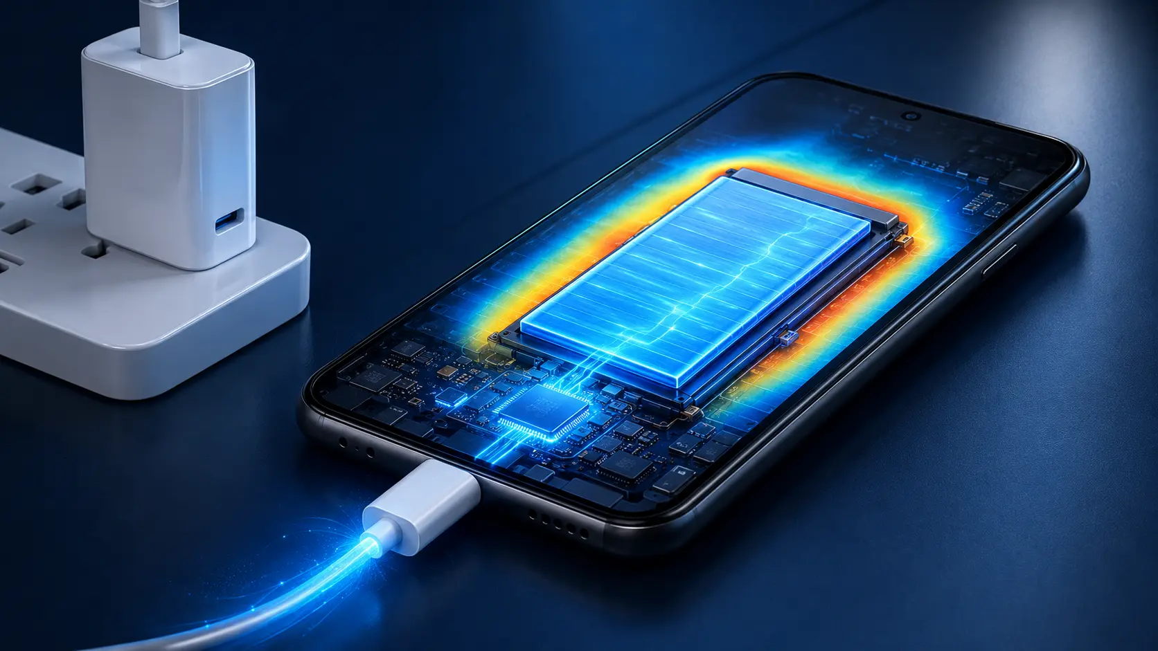 Cutaway illustration showing controlled heat inside a smartphone battery during fast charging.
