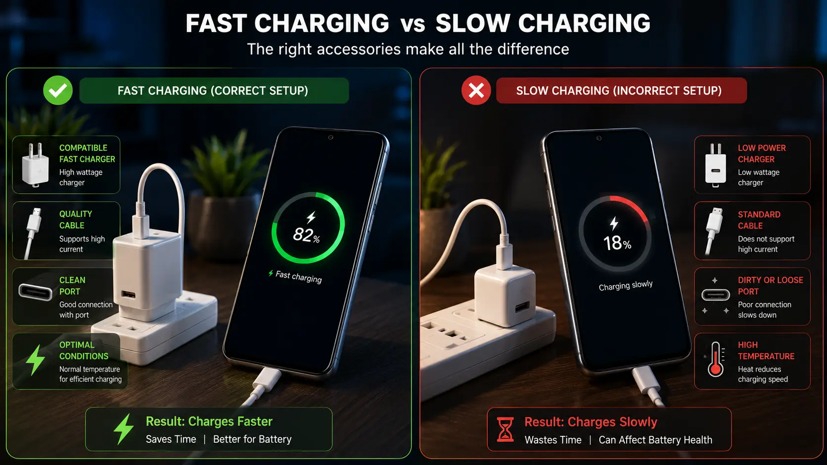 Comparison showing a smartphone fast charging correctly with compatible accessories and charging slowly with incompatible accessories.