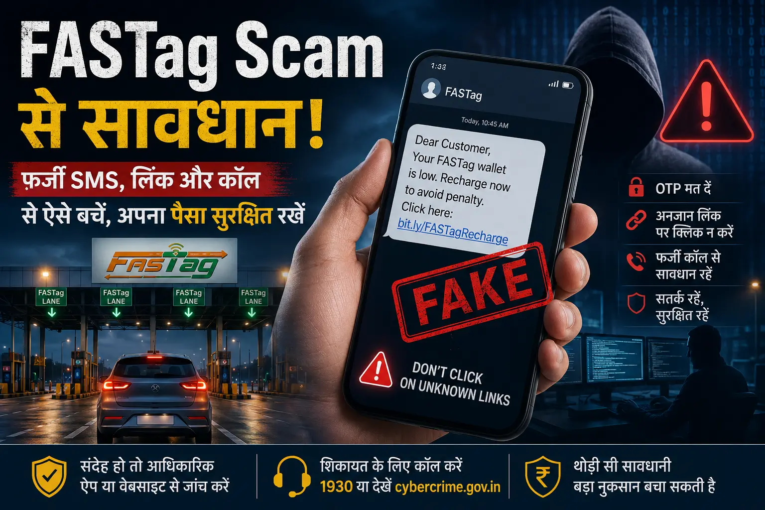 हाथ में मोबाइल पर फर्जी FASTag Low Balance SMS दिख रहा है, पीछे टोल प्लाज़ा और साइबर अपराधी की परछाई, जो FASTag Scam और Fake Recharge Link से सावधान रहने का संदेश दर्शाती है।