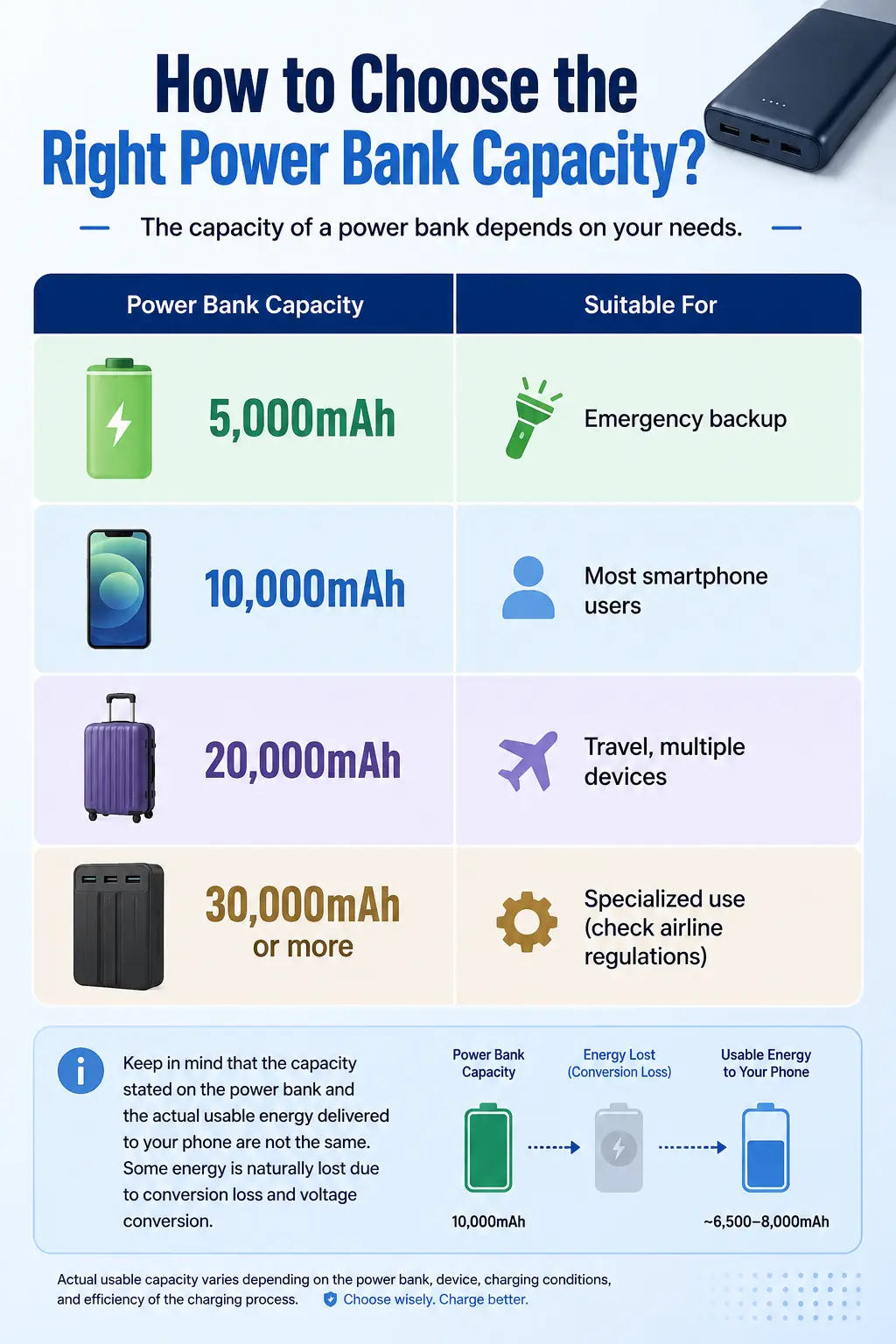 Power bank capacity guide showing 5000mAh, 10000mAh, 20000mAh and 30000mAh+ for different usage needs.