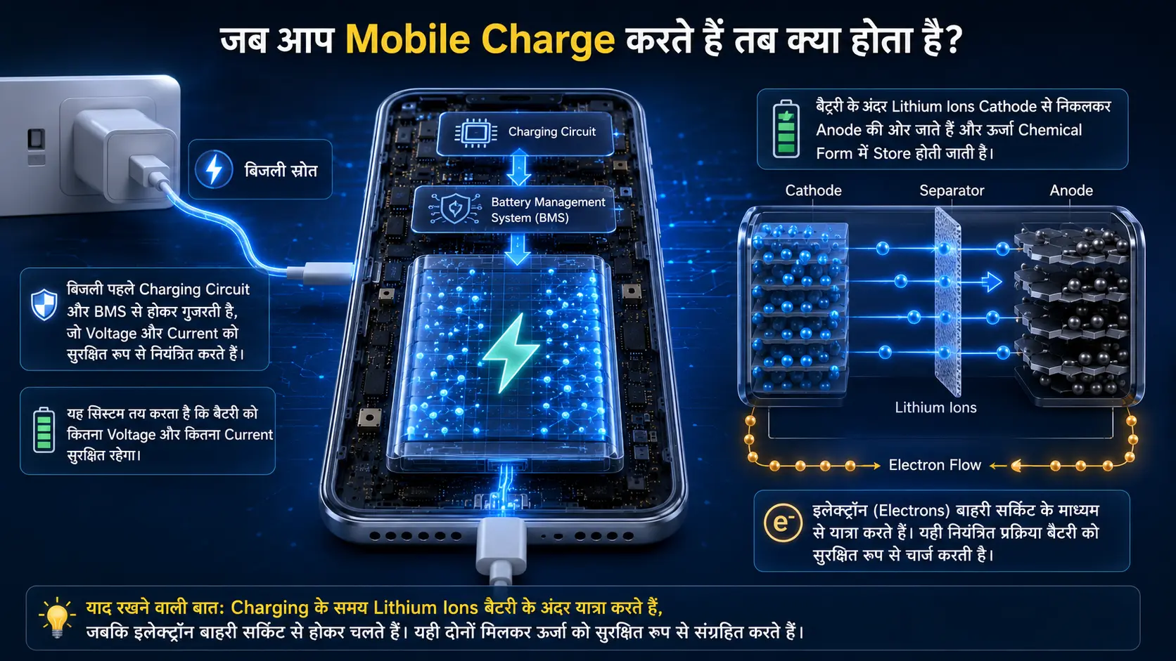 Illustration showing how a Mobile Battery charges inside a smartphone, including the charging circuit, Battery Management System (BMS), lithium-ion movement and electron flow.