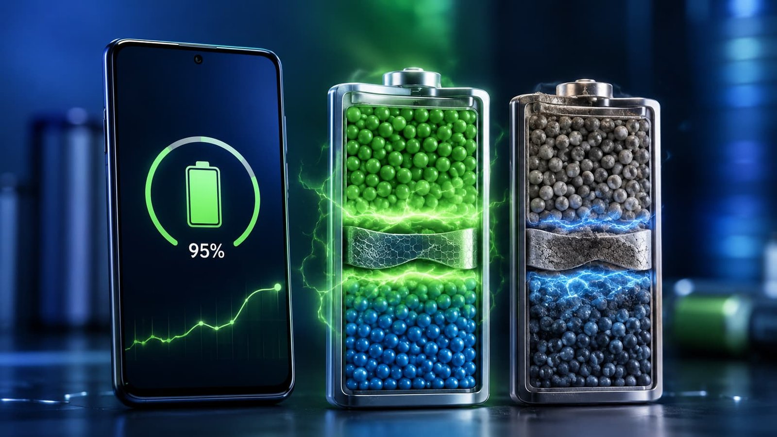Modern smartphone displaying battery health alongside a comparison of a healthy and aged lithium-ion battery.