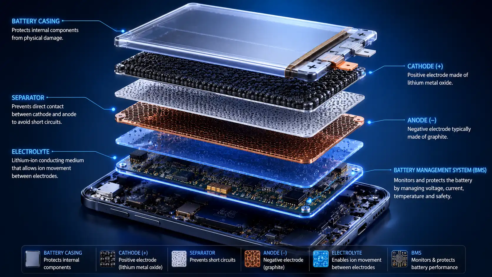 Exploded view of a Mobile Battery showing lithium-ion battery components including cathode, anode, separator, electrolyte and Battery Management System (BMS).
