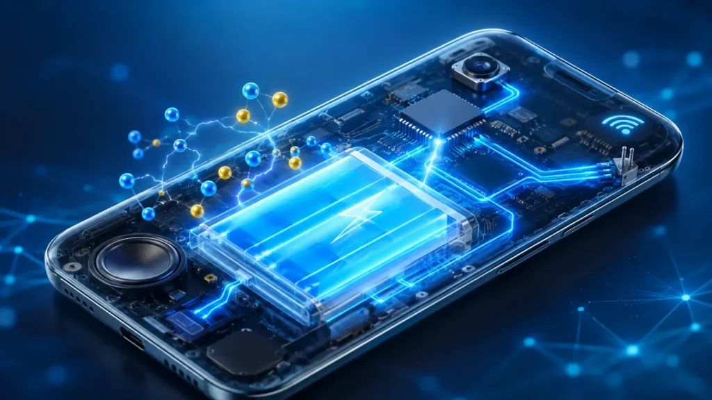 Mobile Battery inside a modern Android smartphone showing lithium-ion battery, energy flow to CPU, display, camera and other internal components.