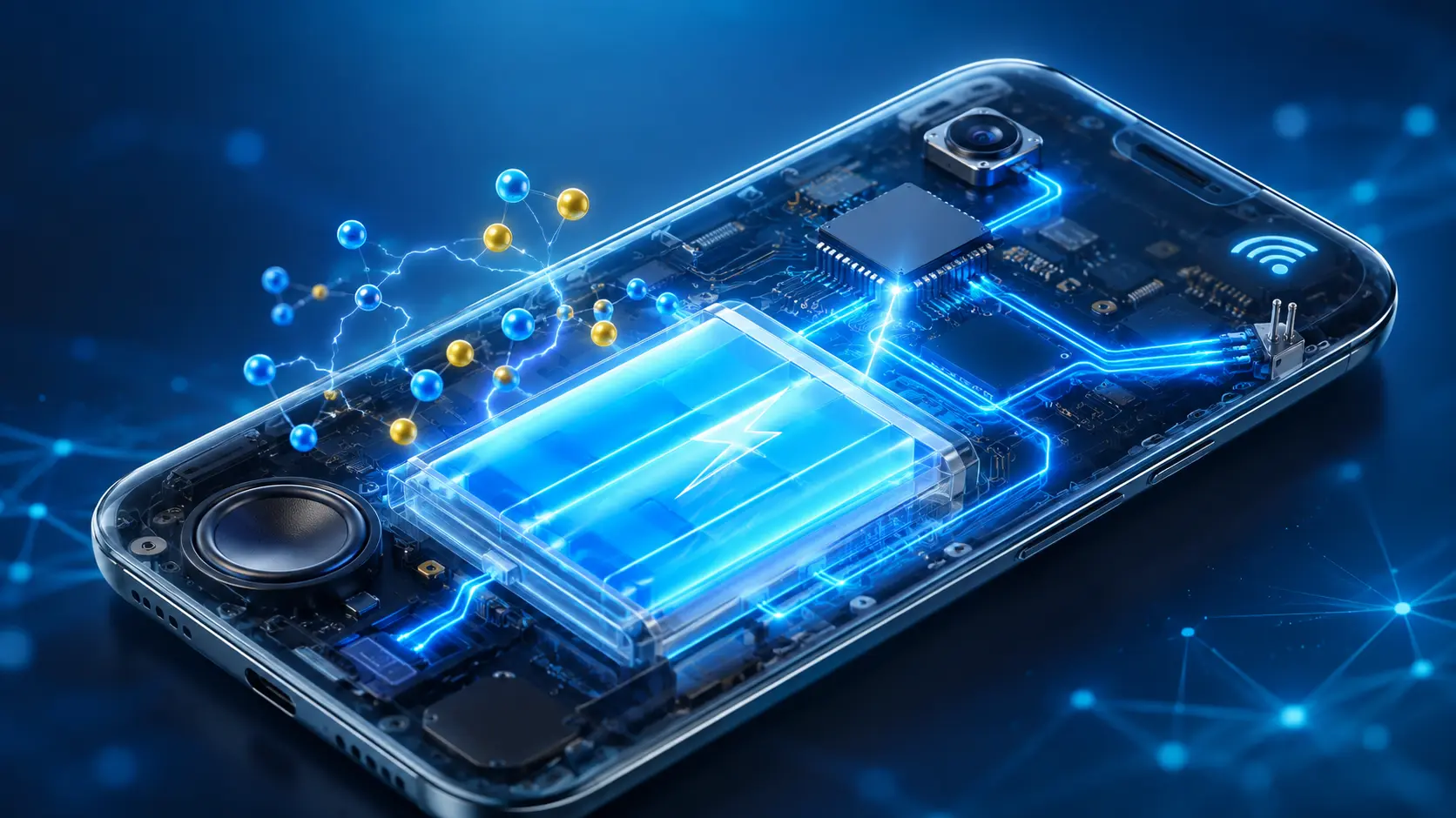 Mobile Battery inside a modern Android smartphone showing lithium-ion battery, energy flow to CPU, display, camera and other internal components.
