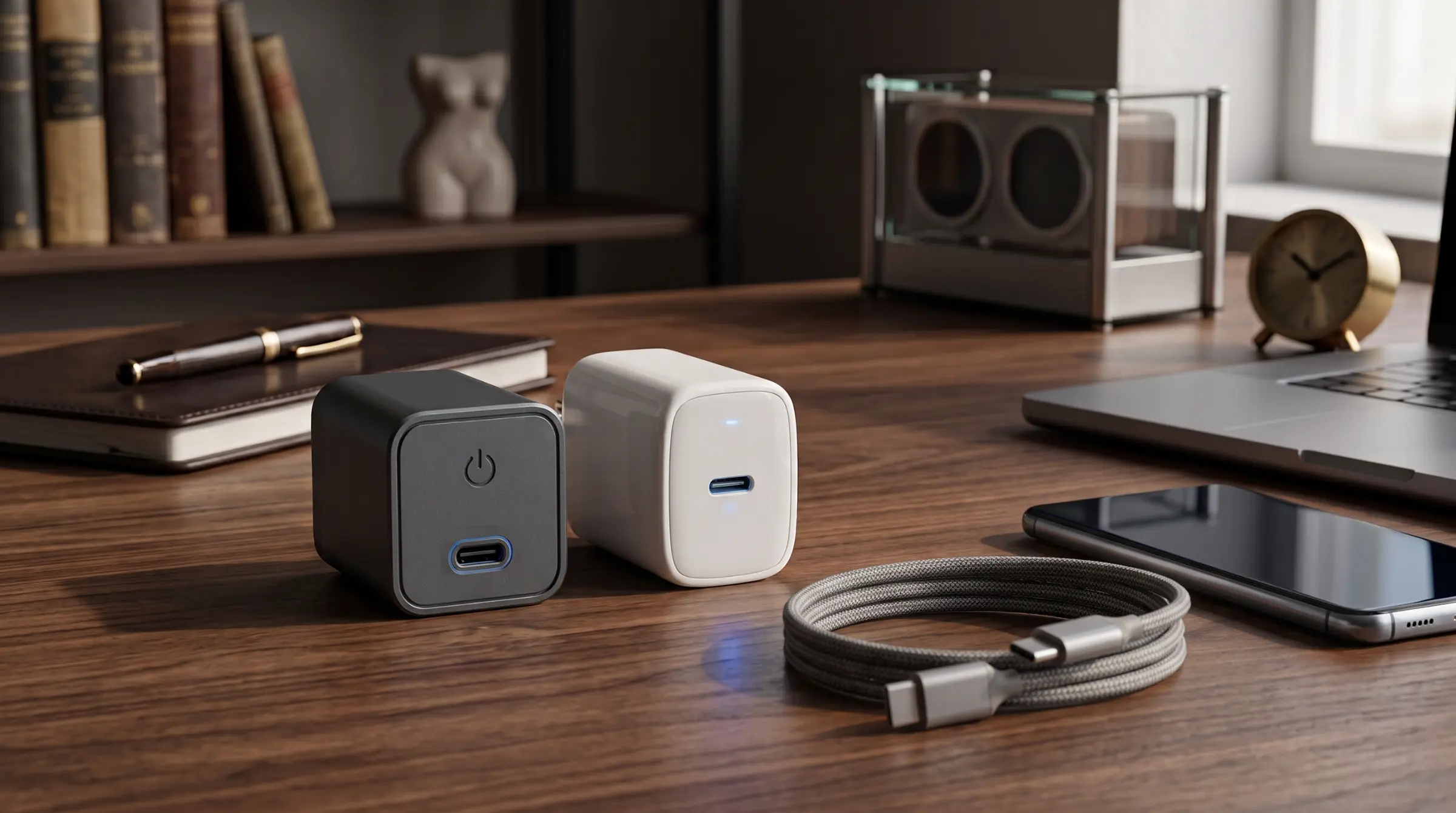 Original compatible fast charger compared with low-power and poor-quality mobile chargers beside an Android smartphone